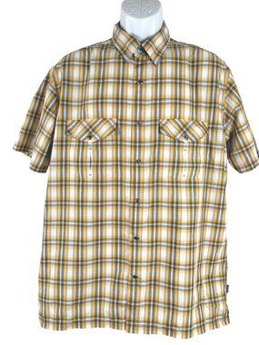 Kuhl Shirt Large Short Sleeve Yellow Plaid Pearl Snap Polyester Ionik TP-3595